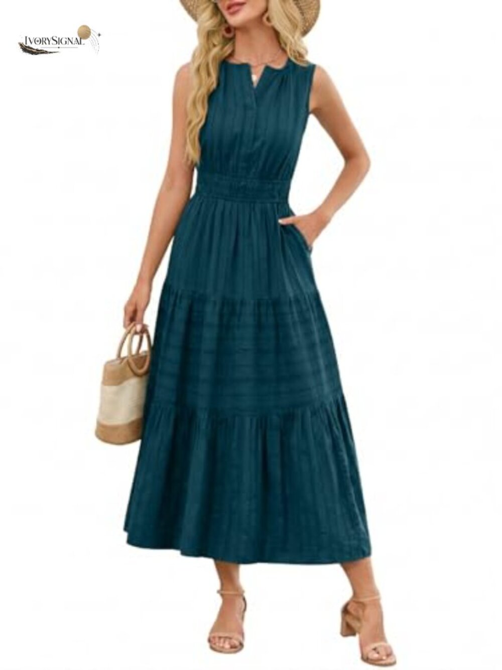 Sleeveless V Neck A-Line Maxi Midi Dress with Pockets Casual Summer